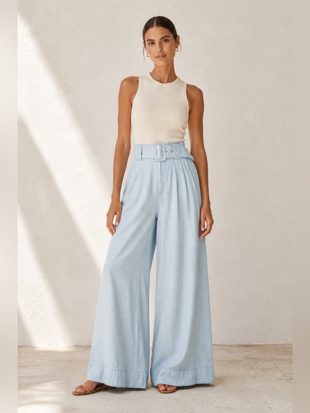 Show Me Your Mumu Rollins Chambray Wide Leg Belted Pants Resort Coastal 30
